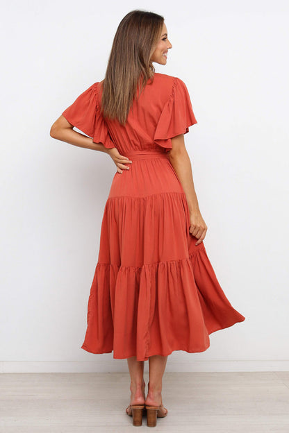 Tied Tiered Short Sleeve Midi Dress - Aurelia Clothing