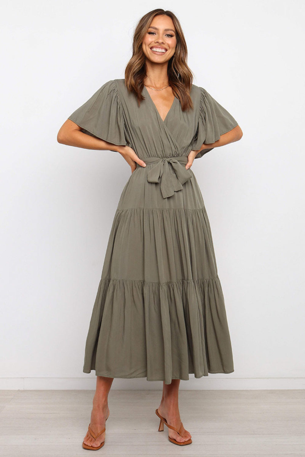 Tied Tiered Short Sleeve Midi Dress - Aurelia Clothing
