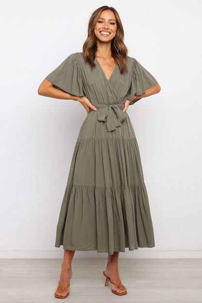 Tied Tiered Short Sleeve Midi Dress - Aurelia Clothing