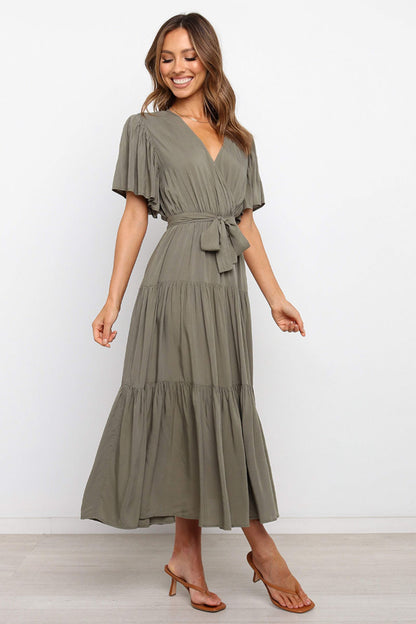 Tied Tiered Short Sleeve Midi Dress - Aurelia Clothing