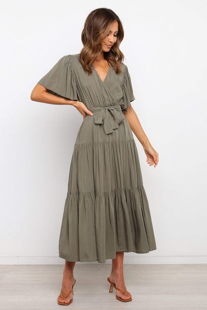 Tied Tiered Short Sleeve Midi Dress - Aurelia Clothing