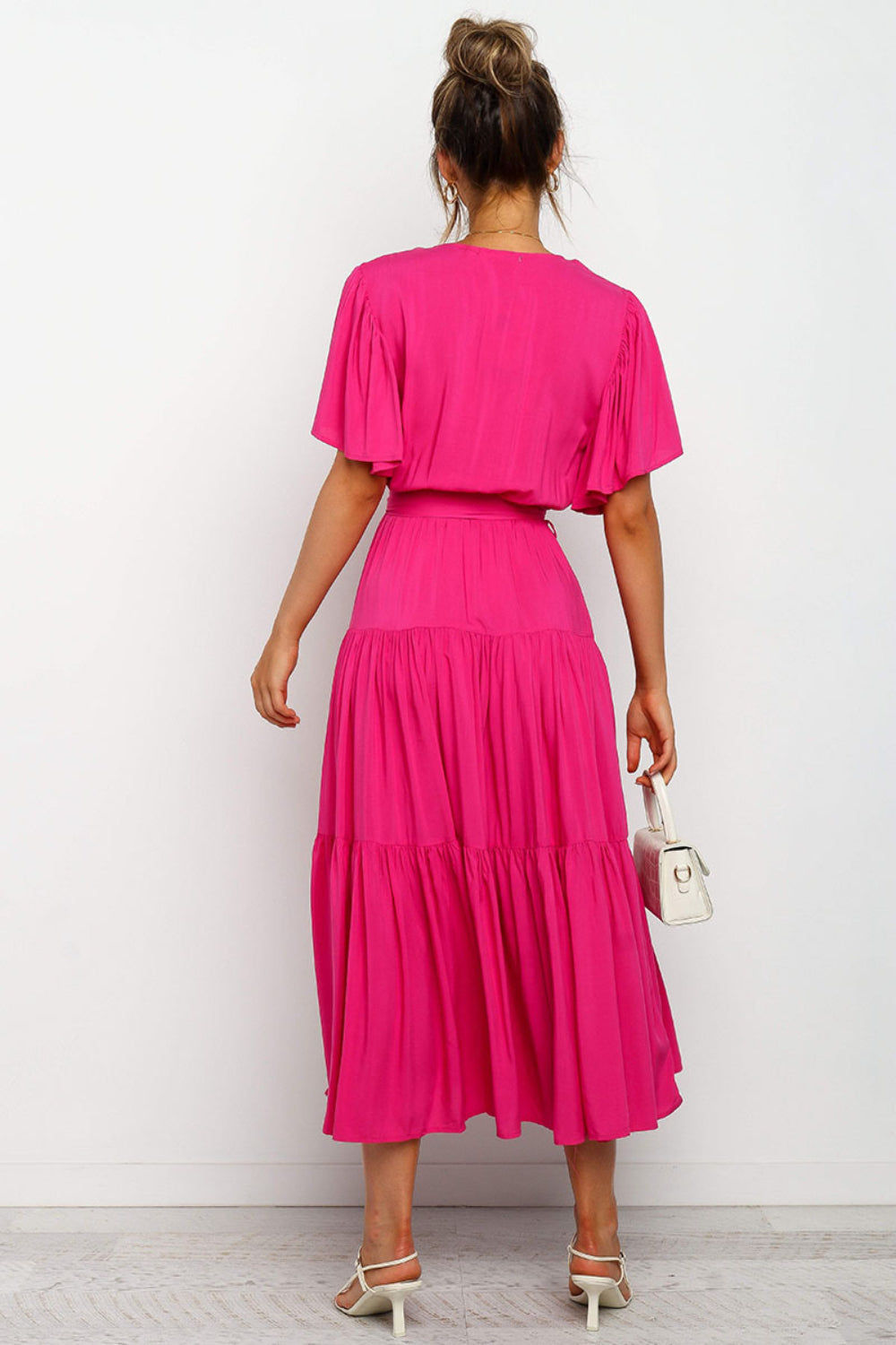 Tied Tiered Short Sleeve Midi Dress - Aurelia Clothing