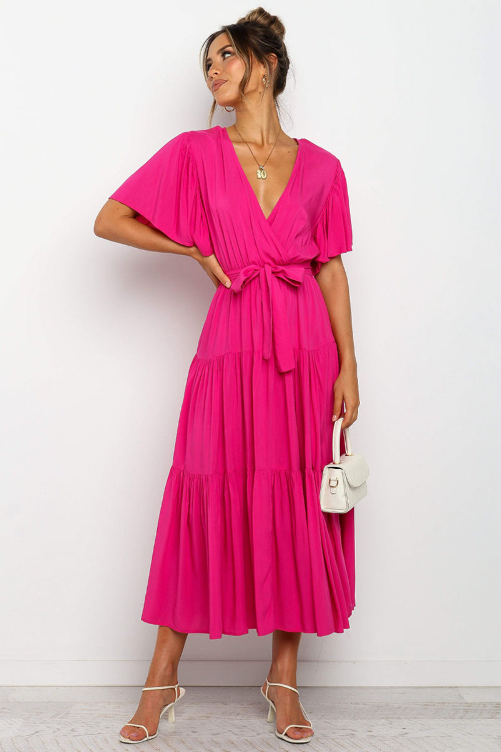 Tied Tiered Short Sleeve Midi Dress - Aurelia Clothing