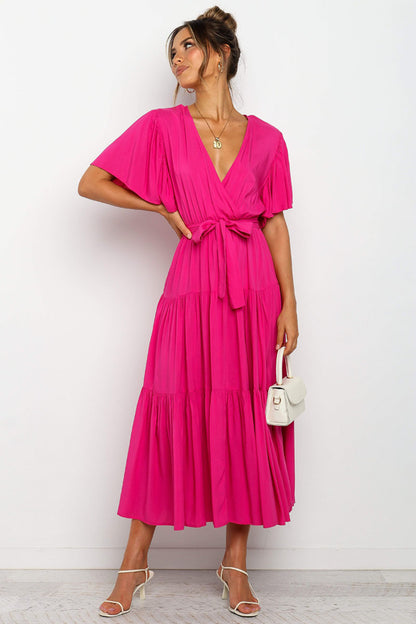 Tied Tiered Short Sleeve Midi Dress - Aurelia Clothing