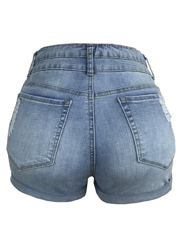 Trendy ripped rolled edge elastic high waist denim shorts womens hot pants - Free Shipping - aurelia-clothing-8955