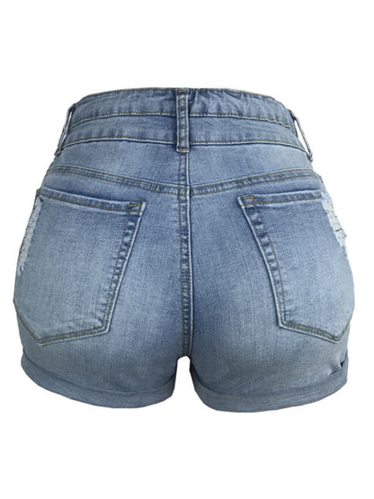 Trendy ripped rolled edge elastic high waist denim shorts womens hot pants - Free Shipping - aurelia-clothing-8955