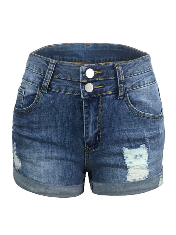 Trendy ripped rolled edge elastic high waist denim shorts womens hot pants - Free Shipping - aurelia-clothing-8955