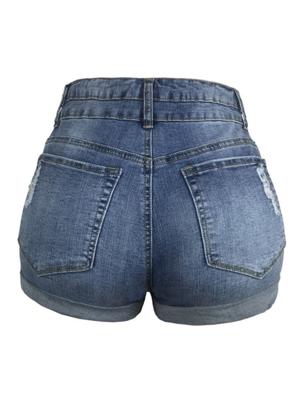 Trendy ripped rolled edge elastic high waist denim shorts womens hot pants - Free Shipping - aurelia-clothing-8955
