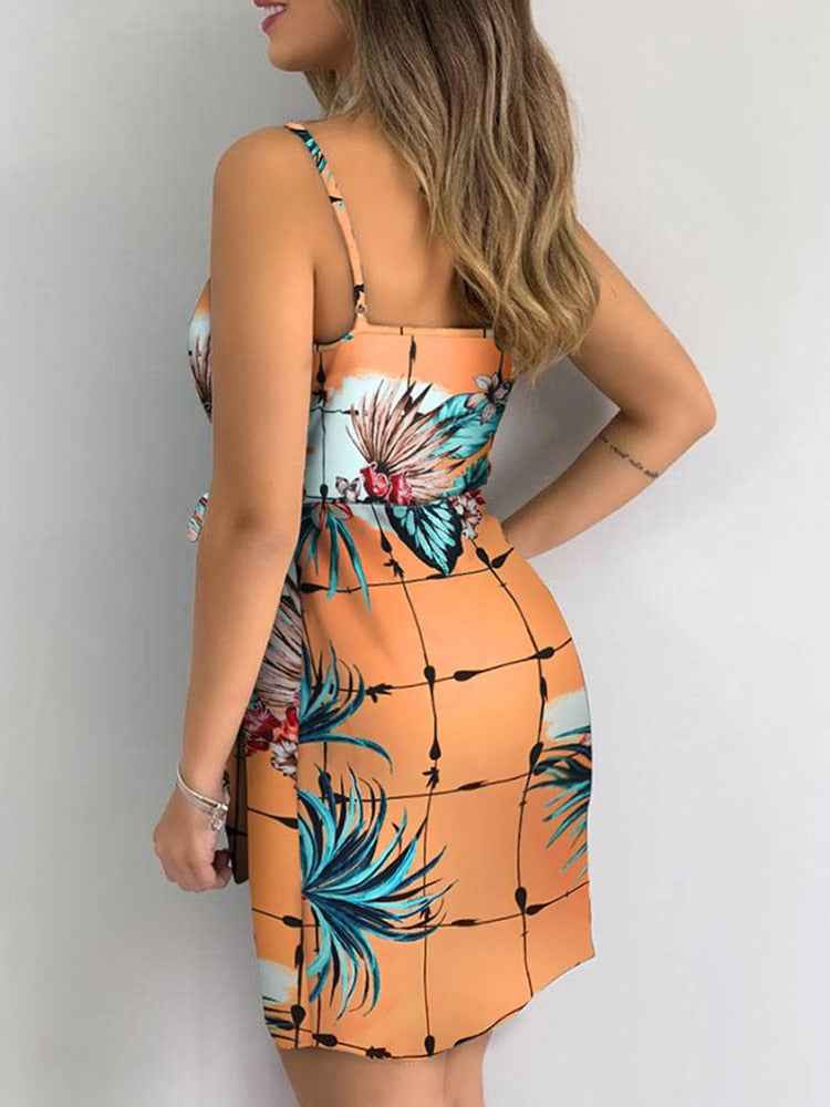 Tropical Print V-Neck Wrap Casual Dress Women Sleeveless Summer Holiday Mini Dress - aurelia-clothing-8955
