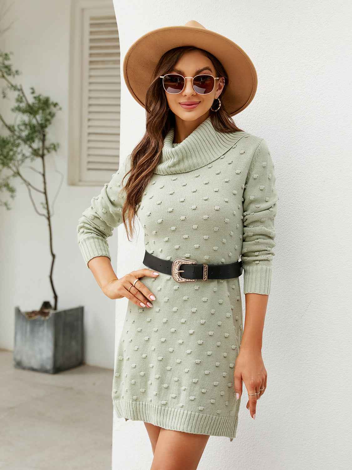 Turtleneck Long Sleeve Slit Dress - aurelia-clothing-8955