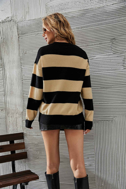 Two-Tone Round Neck Dropped Shoulder Sweater - aurelia-clothing-8955