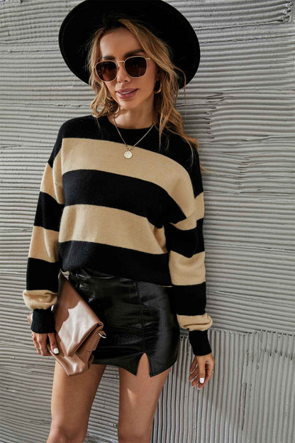 Two-Tone Round Neck Dropped Shoulder Sweater - aurelia-clothing-8955