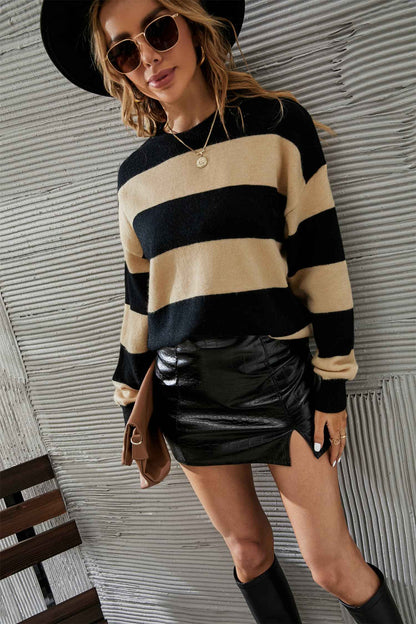 Two-Tone Round Neck Dropped Shoulder Sweater - aurelia-clothing-8955