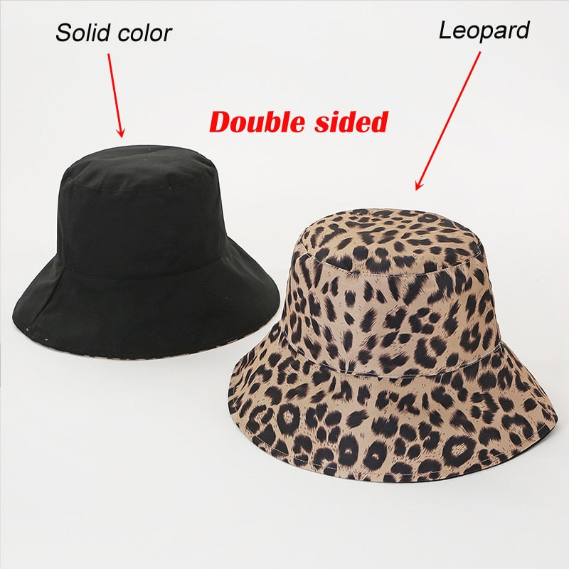 Two Side Leopard Black Bucket Hat For Women Men Reversible Panama Sun Hat Summer Ladies Beach Sun Protection Fisherman Hats - Free Shipping - aurelia-clothing-8955