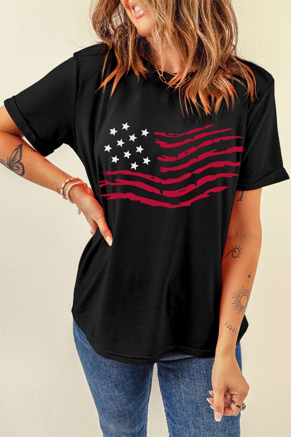 US Flag Round Neck Short Sleeve T-Shirt - aurelia-clothing-8955