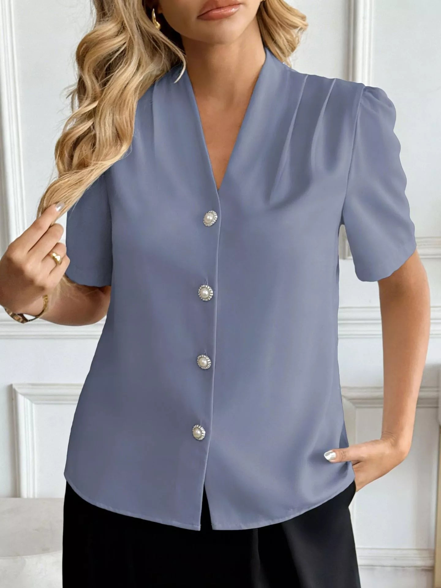 V-Neck Button-Down Shirt-Free Shipping - aurelia-clothing-8955