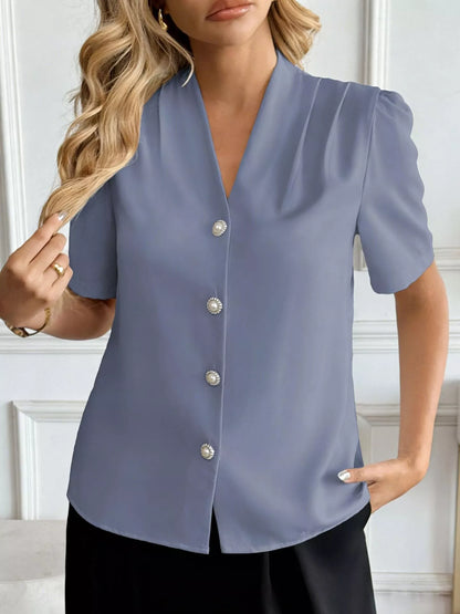 V-Neck Button-Down Shirt-Free Shipping - aurelia-clothing-8955