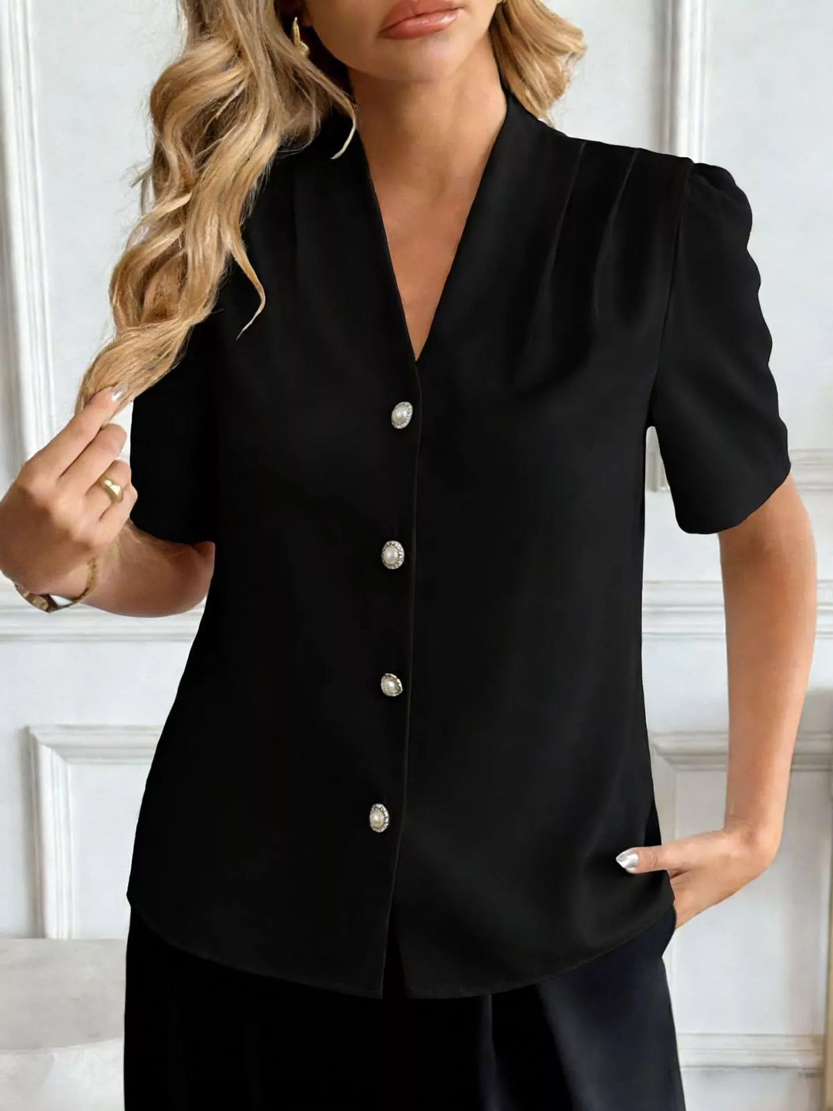 V-Neck Button-Down Shirt-Free Shipping - aurelia-clothing-8955
