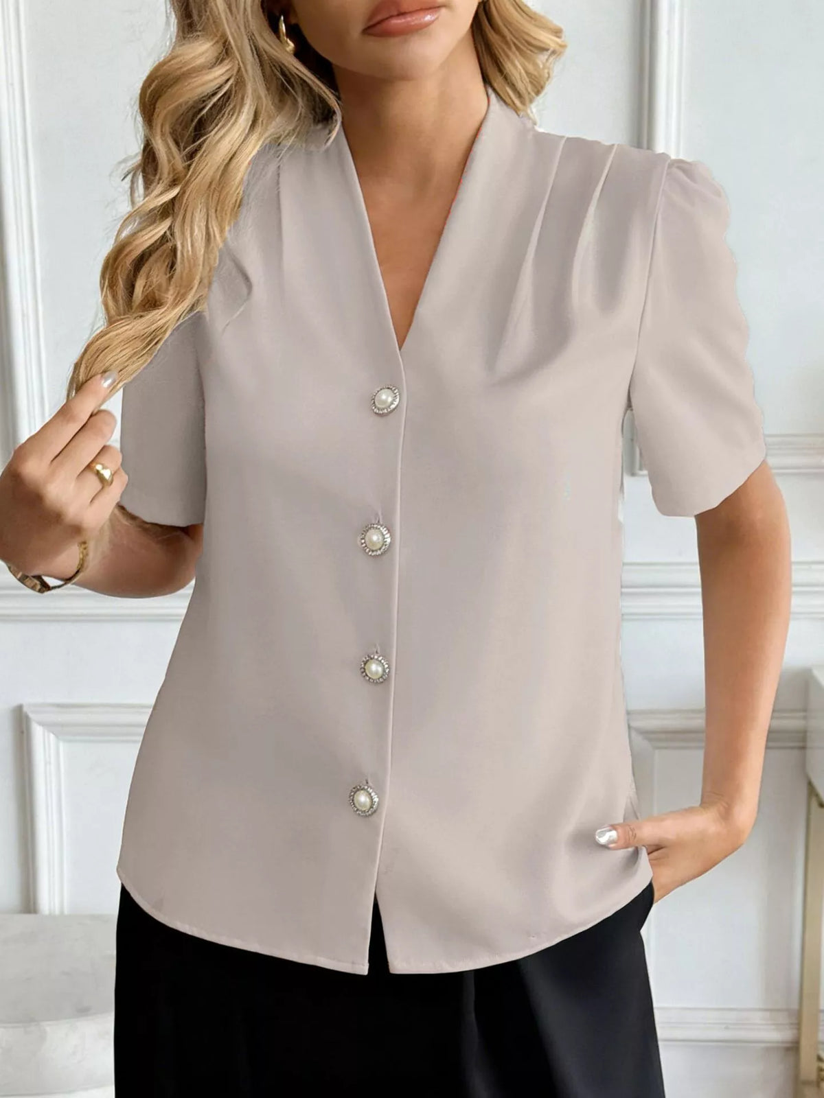 V-Neck Button-Down Shirt-Free Shipping - aurelia-clothing-8955