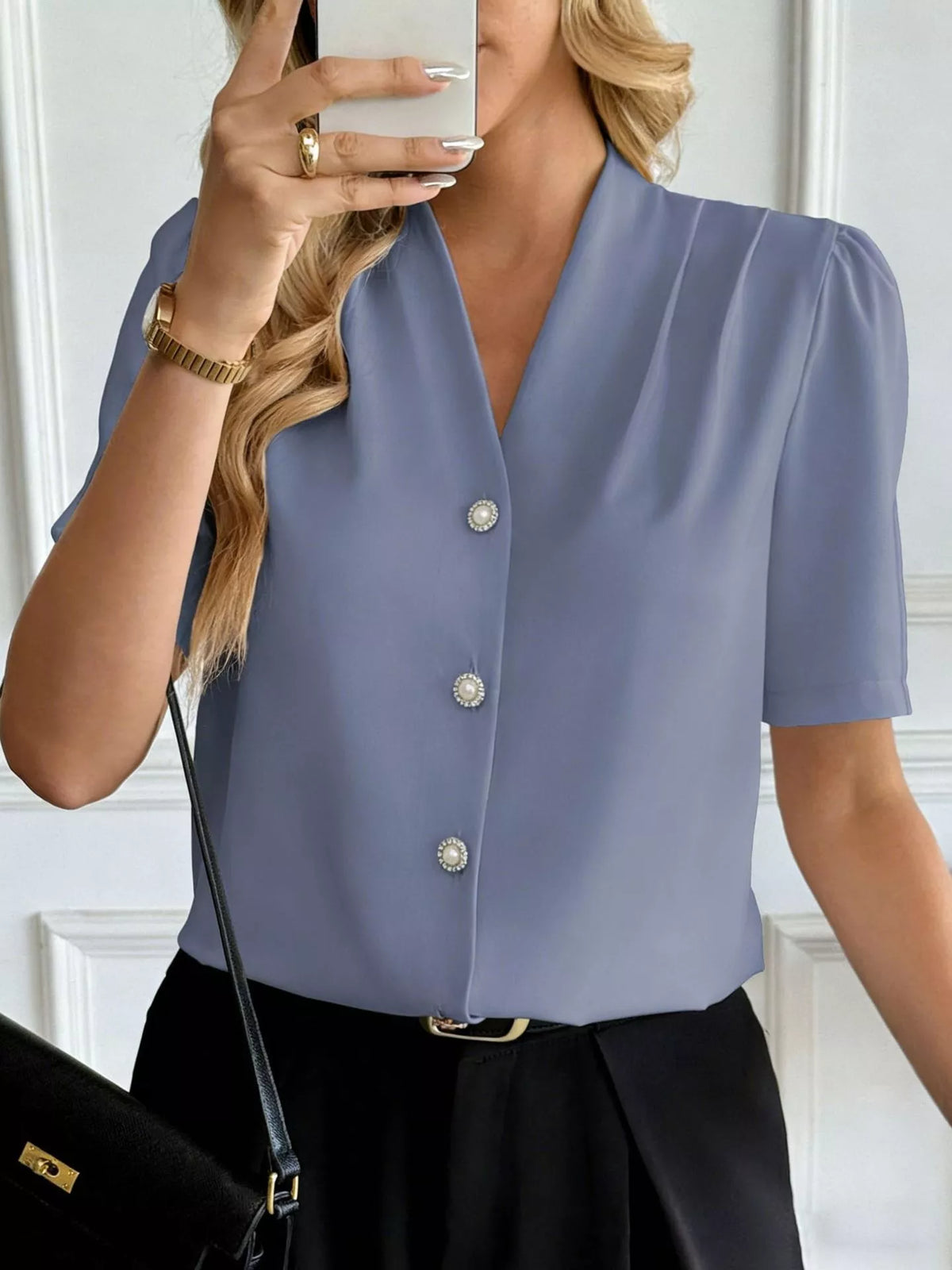 V-Neck Button-Down Shirt-Free Shipping - aurelia-clothing-8955