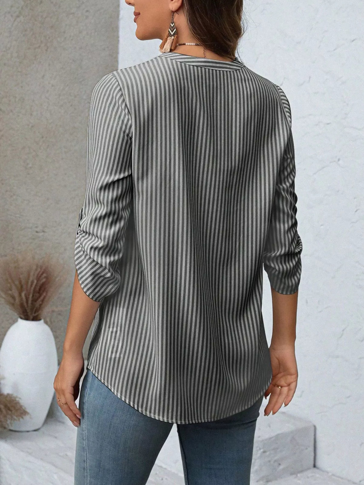 V-Neck Roll-Up Sleeve Blouse-Free Shipping - aurelia-clothing-8955
