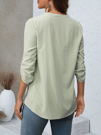 V-Neck Roll-Up Sleeve Blouse-Free Shipping - aurelia-clothing-8955