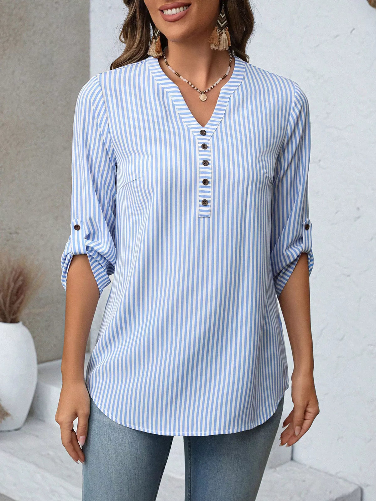 V-Neck Roll-Up Sleeve Blouse-Free Shipping - aurelia-clothing-8955