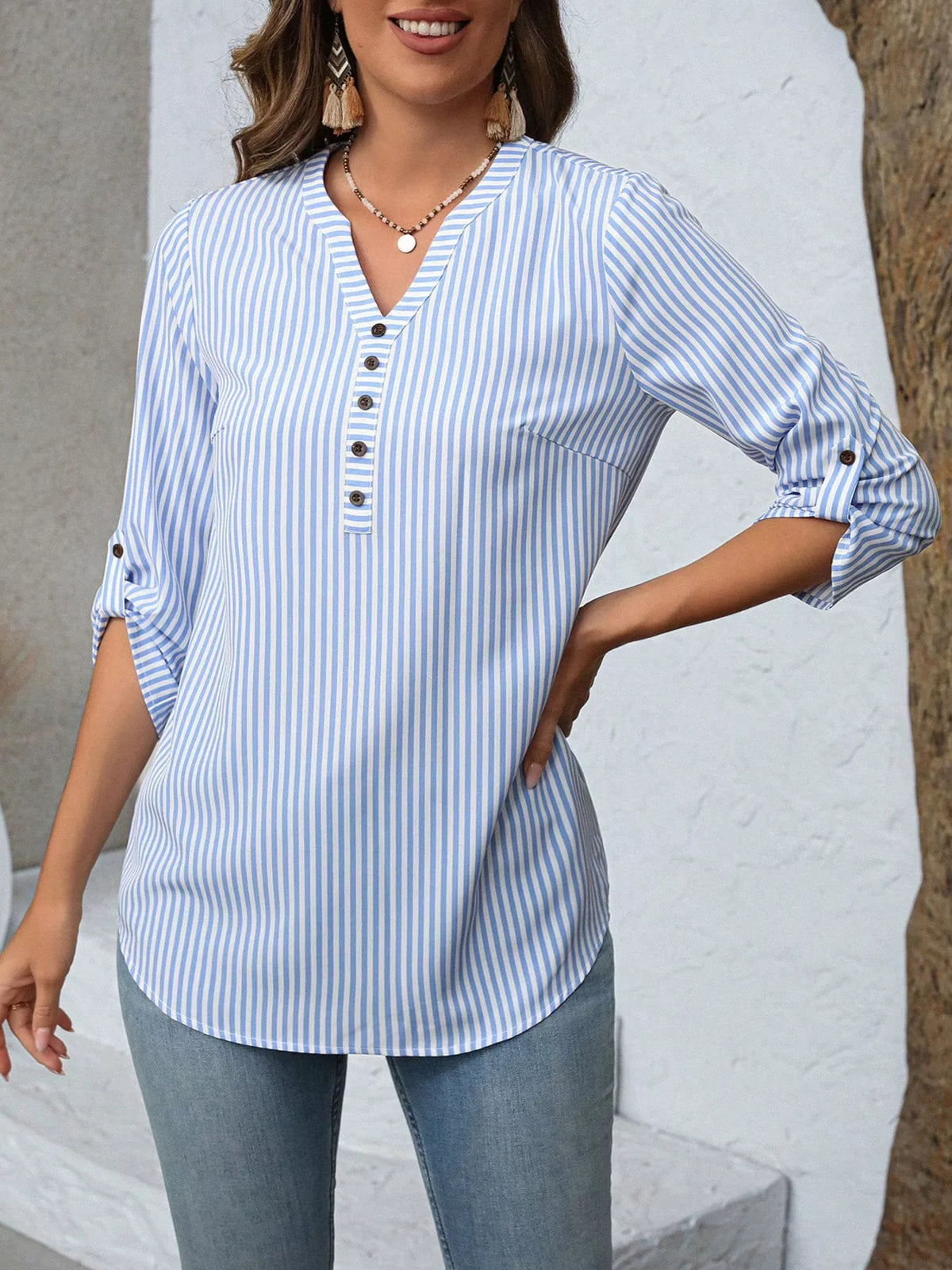 V-Neck Roll-Up Sleeve Blouse-Free Shipping - aurelia-clothing-8955