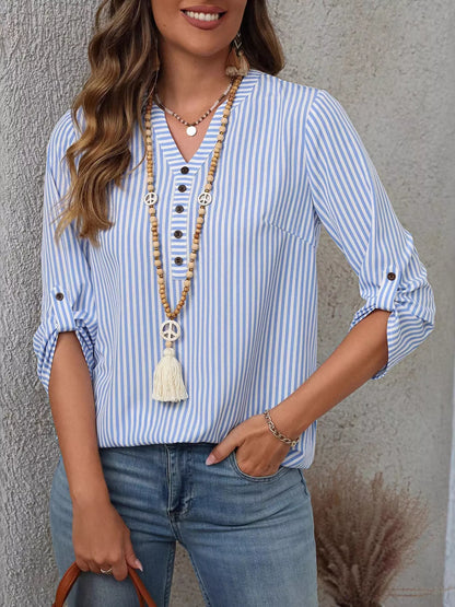 V-Neck Roll-Up Sleeve Blouse-Free Shipping - aurelia-clothing-8955