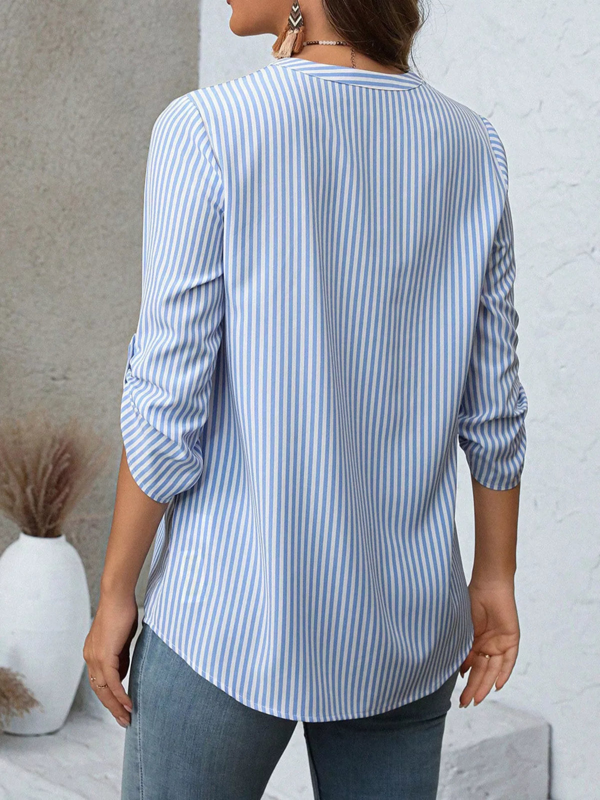 V-Neck Roll-Up Sleeve Blouse-Free Shipping - aurelia-clothing-8955