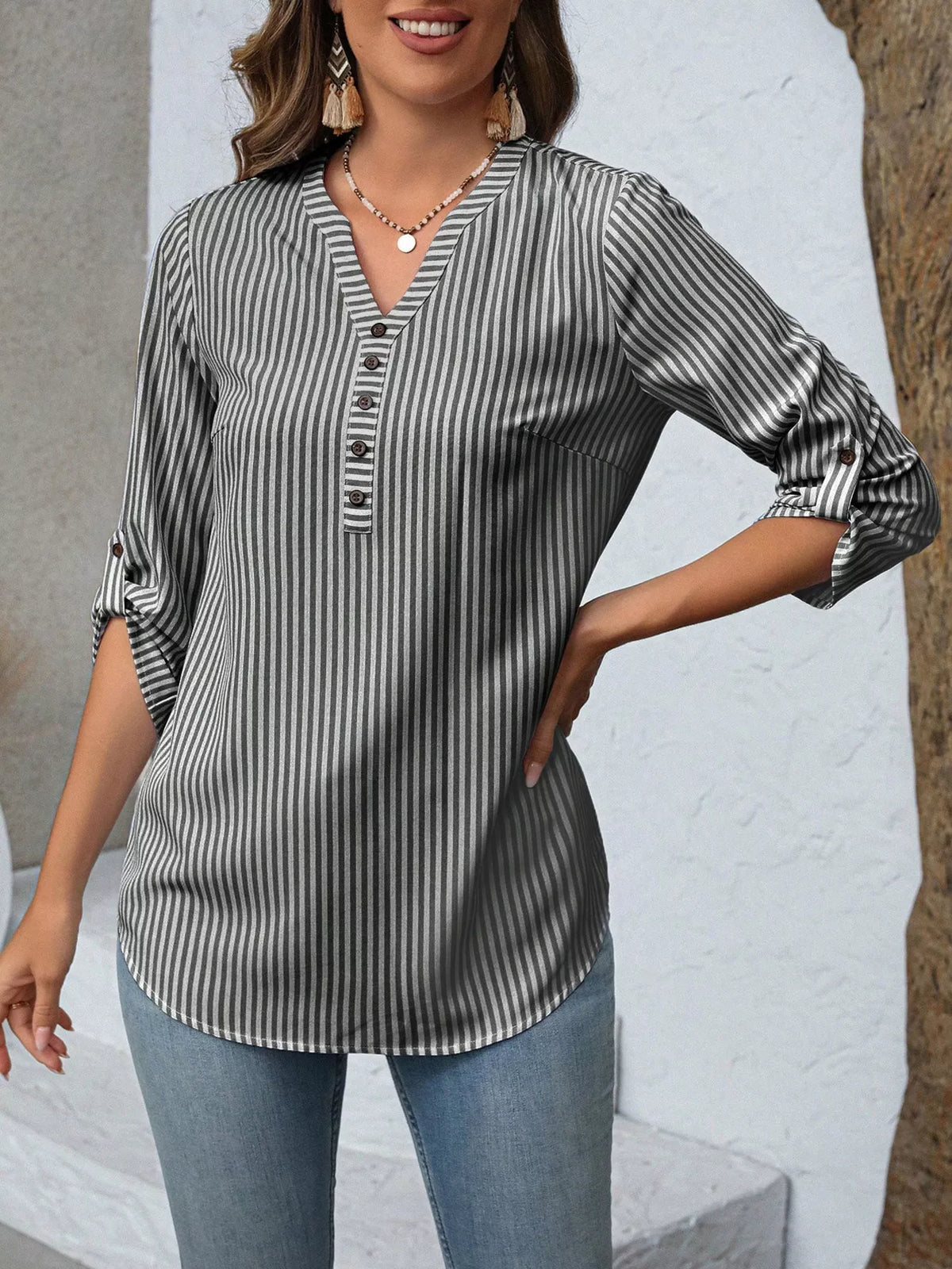 V-Neck Roll-Up Sleeve Blouse-Free Shipping - aurelia-clothing-8955