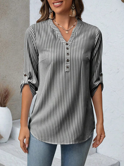 V-Neck Roll-Up Sleeve Blouse-Free Shipping - aurelia-clothing-8955