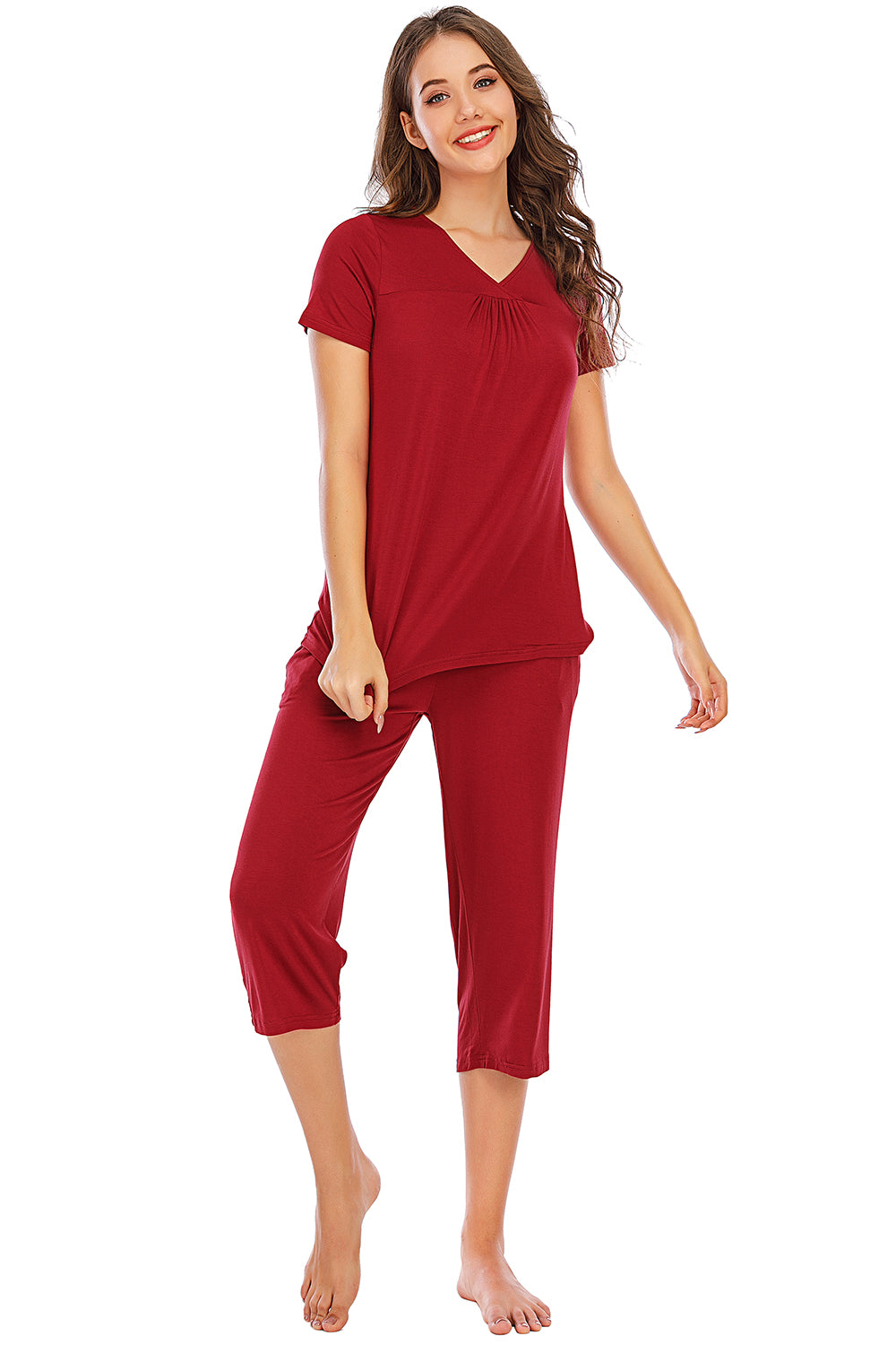 V-Neck Short Sleeve Top and Pants Lounge Set - aurelia-clothing-8955