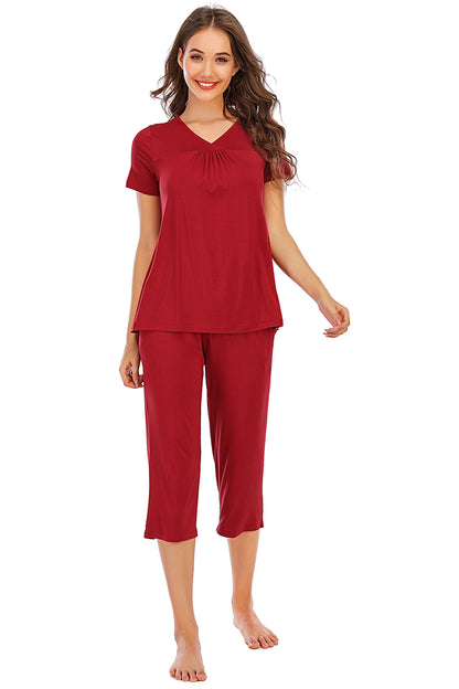 V-Neck Short Sleeve Top and Pants Lounge Set - aurelia-clothing-8955