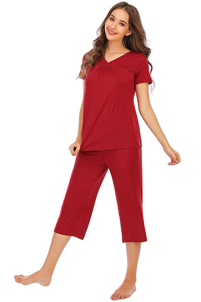 V-Neck Short Sleeve Top and Pants Lounge Set - aurelia-clothing-8955
