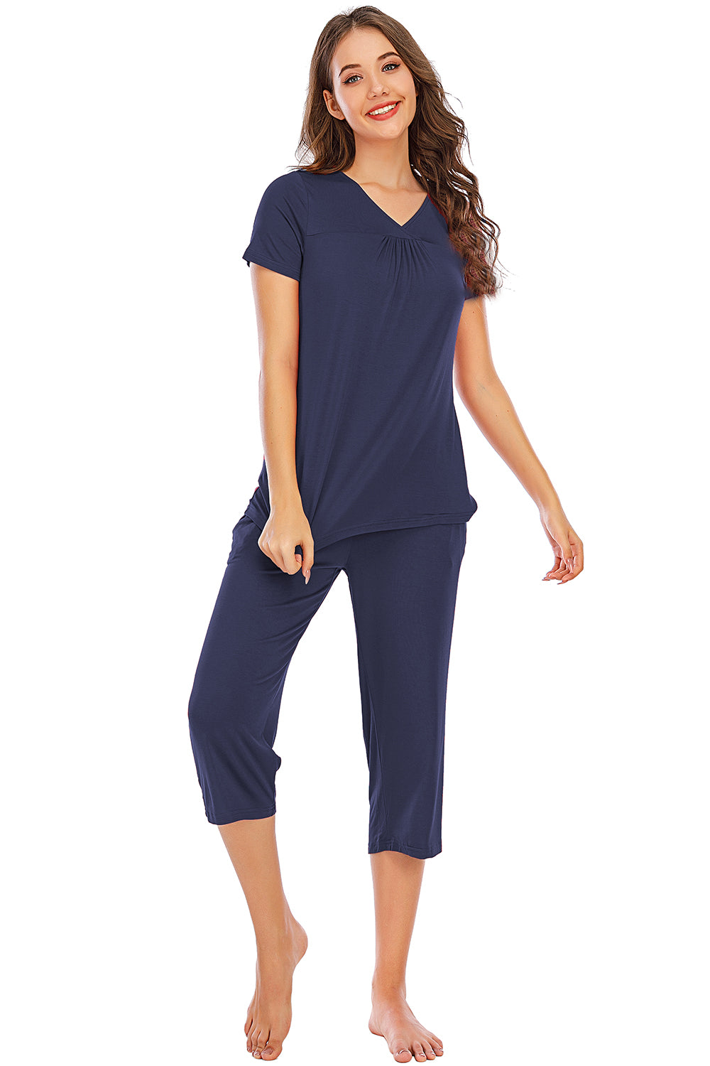 V-Neck Short Sleeve Top and Pants Lounge Set - aurelia-clothing-8955