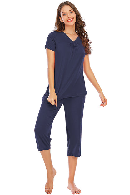 V-Neck Short Sleeve Top and Pants Lounge Set - aurelia-clothing-8955