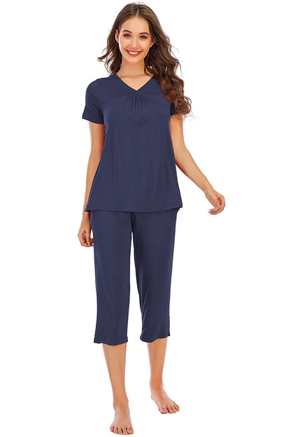 V-Neck Short Sleeve Top and Pants Lounge Set - aurelia-clothing-8955