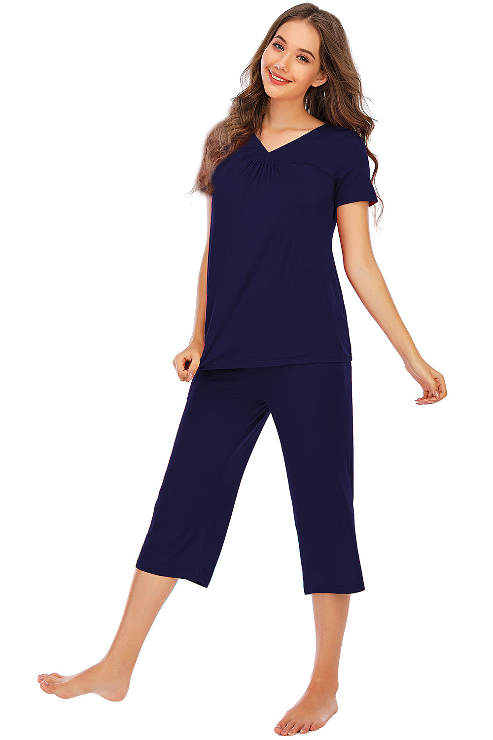 V-Neck Short Sleeve Top and Pants Lounge Set - aurelia-clothing-8955