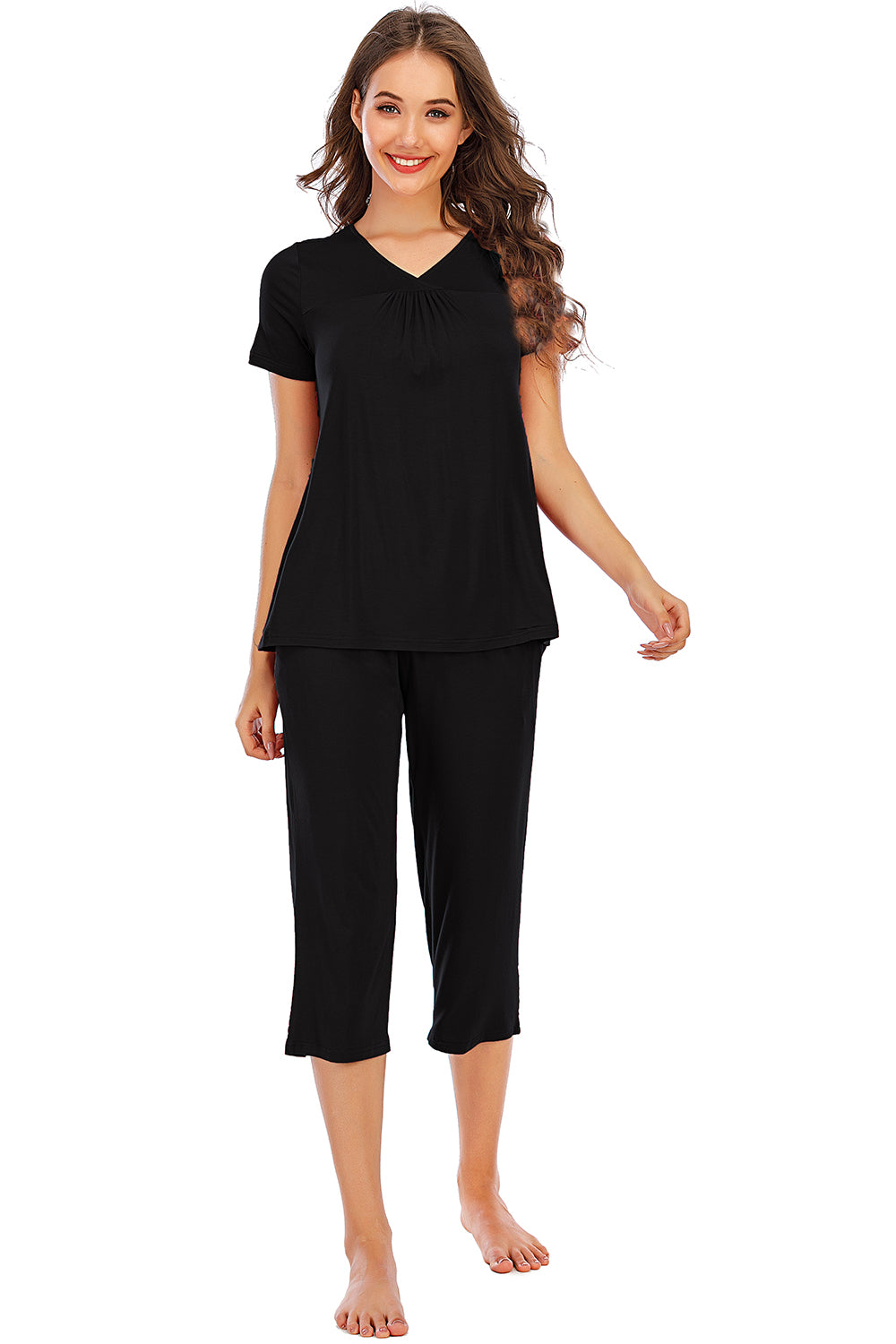 V-Neck Short Sleeve Top and Pants Lounge Set - aurelia-clothing-8955