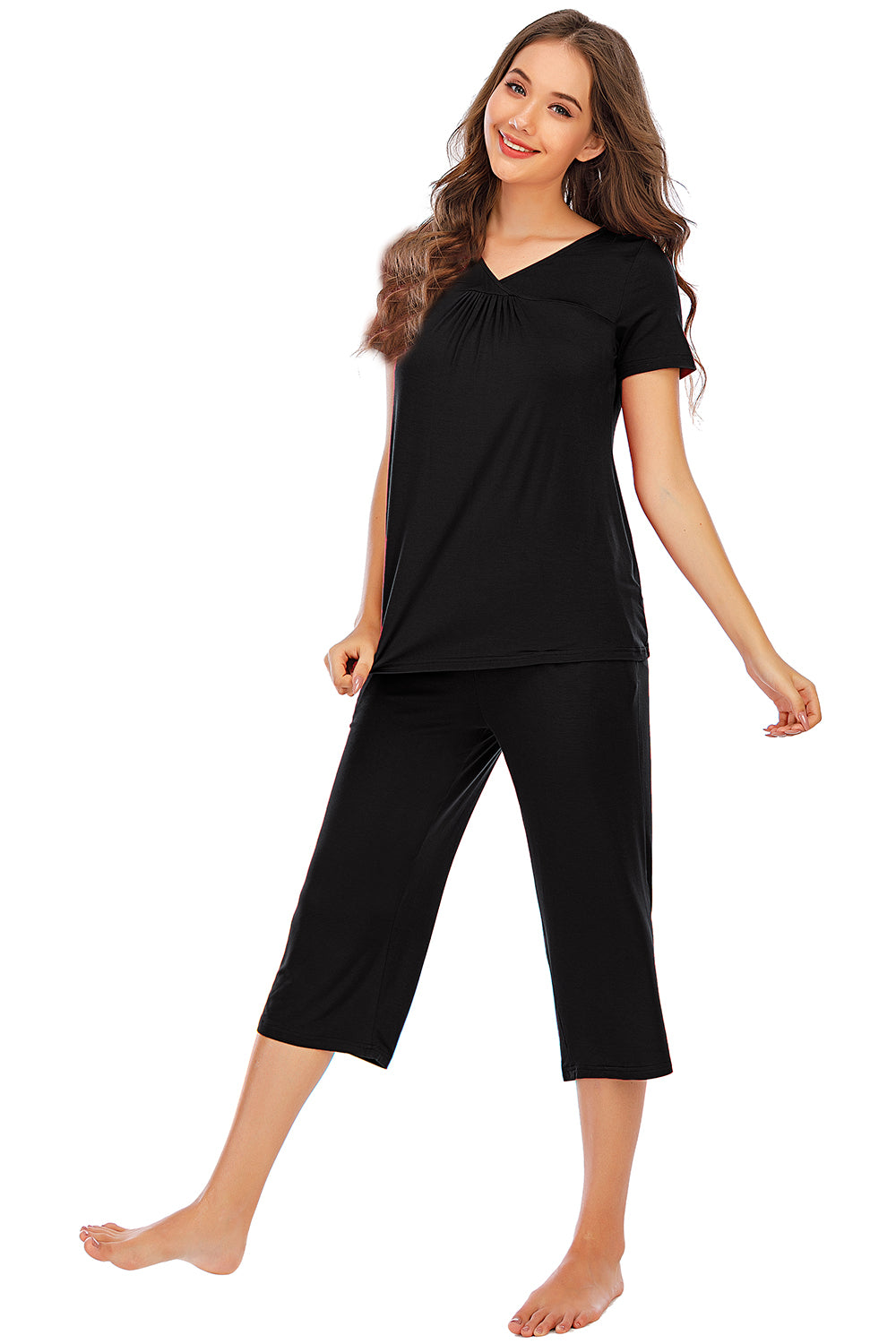 V-Neck Short Sleeve Top and Pants Lounge Set - aurelia-clothing-8955