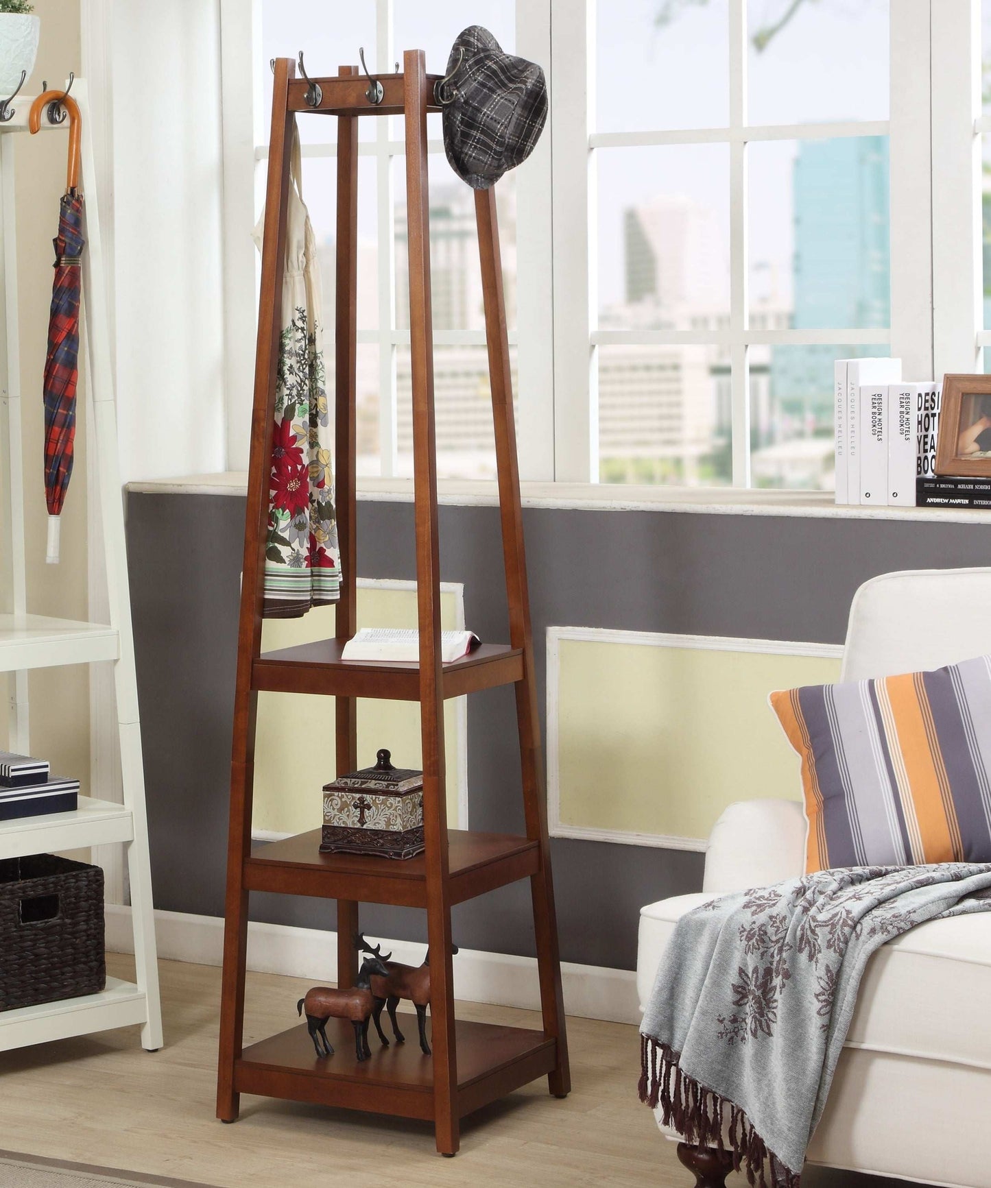 Vassen Coat Rack w 3-Tier Storage Shelves in Espresso Finish - Free Shipping - aurelia-clothing-8955