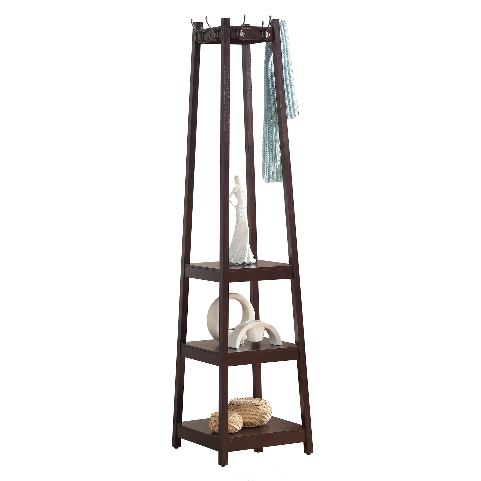 Vassen Coat Rack w 3-Tier Storage Shelves in Espresso Finish - Free Shipping - aurelia-clothing-8955