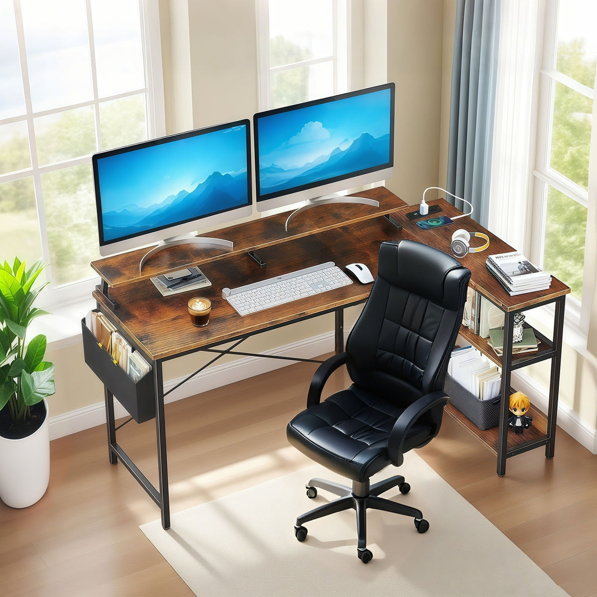 Vintage BlackBrown L Shaped Gaming Desk-Free Shipping - aurelia-clothing-8955
