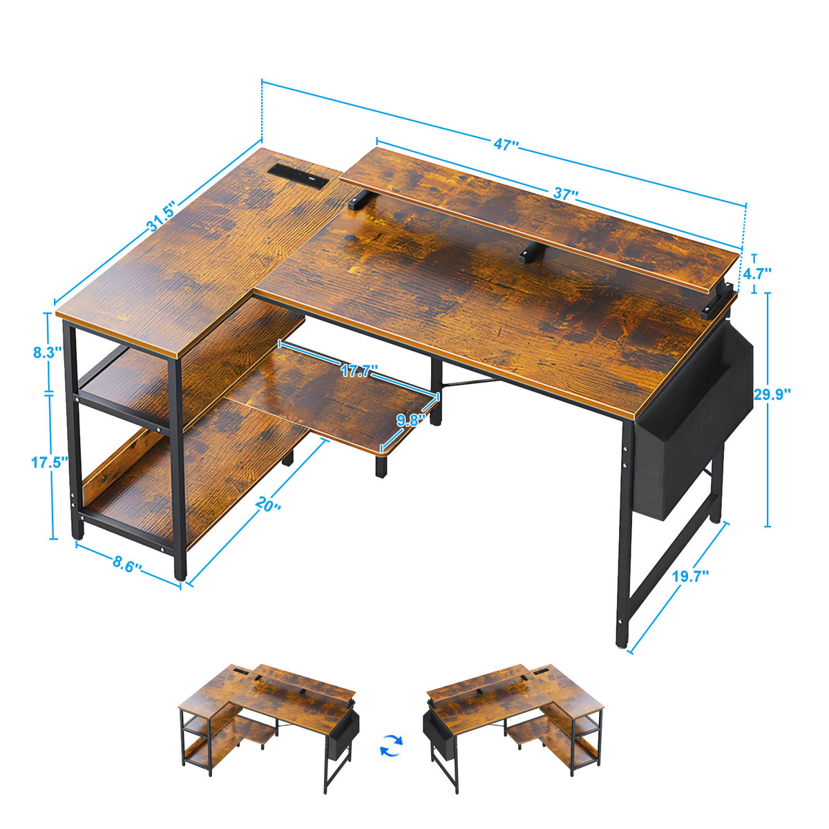 Vintage BlackBrown L Shaped Gaming Desk-Free Shipping - aurelia-clothing-8955