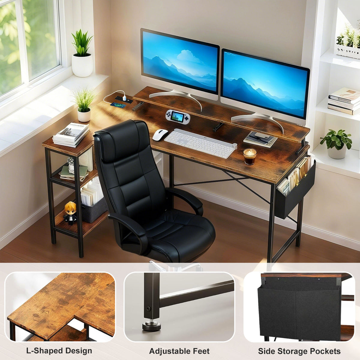 Vintage BlackBrown L Shaped Gaming Desk-Free Shipping - aurelia-clothing-8955