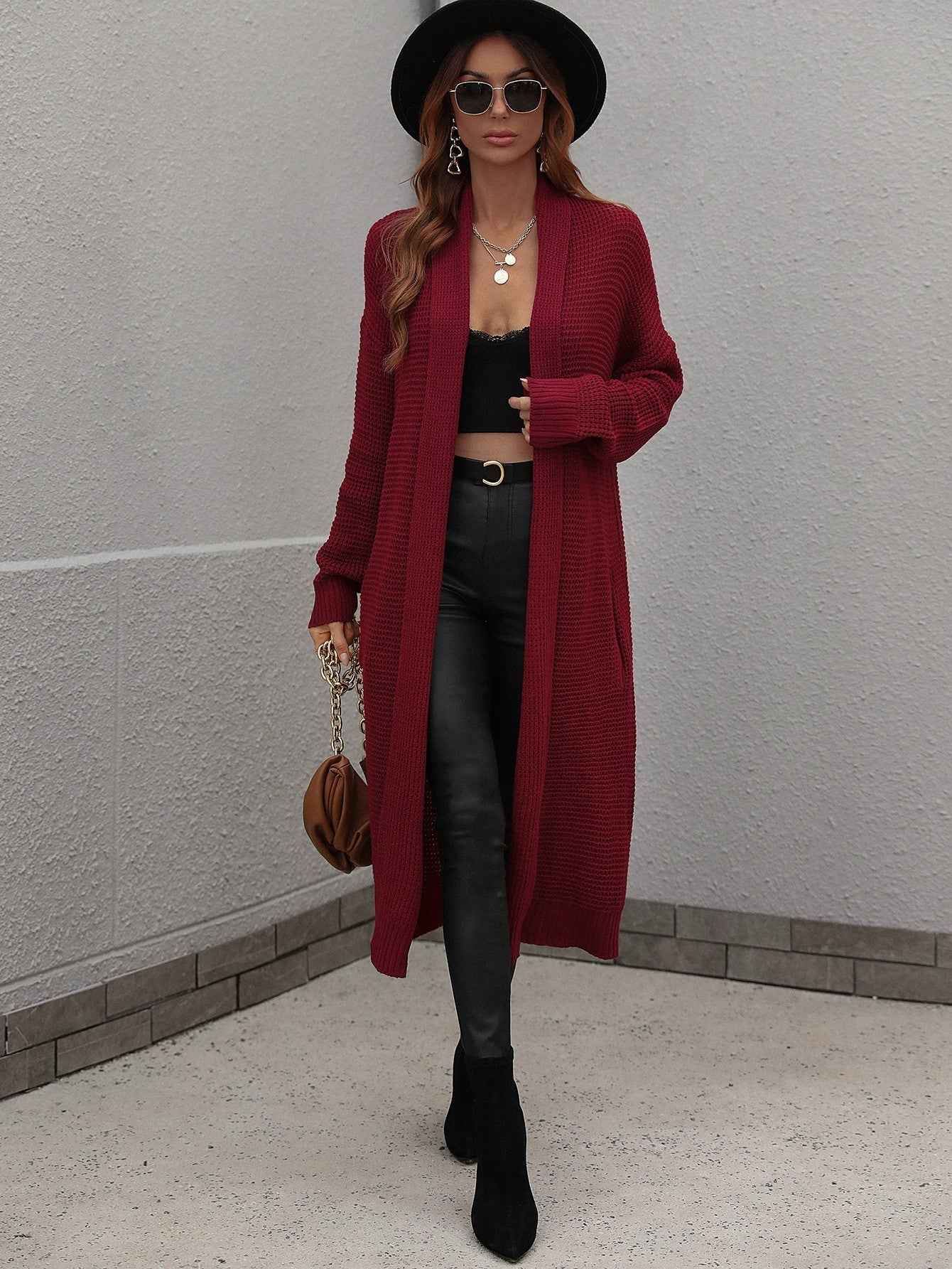 Waffle Knit Open Front Duster Cardigan With Pockets - aurelia-clothing-8955