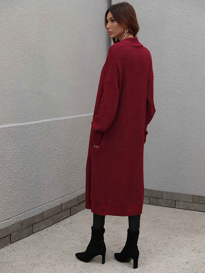 Waffle Knit Open Front Duster Cardigan With Pockets - aurelia-clothing-8955