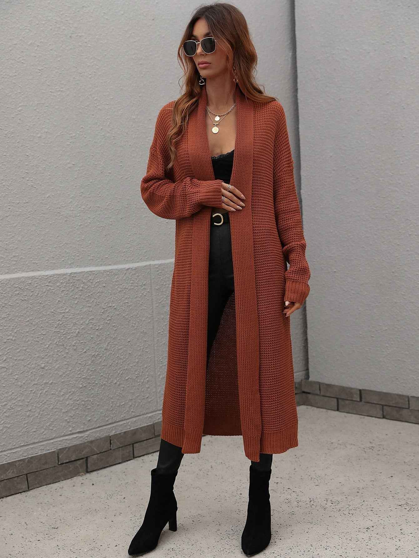 Waffle Knit Open Front Duster Cardigan With Pockets - aurelia-clothing-8955