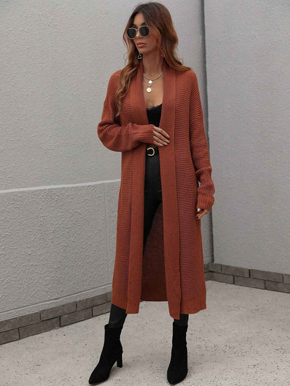 Waffle Knit Open Front Duster Cardigan With Pockets - aurelia-clothing-8955
